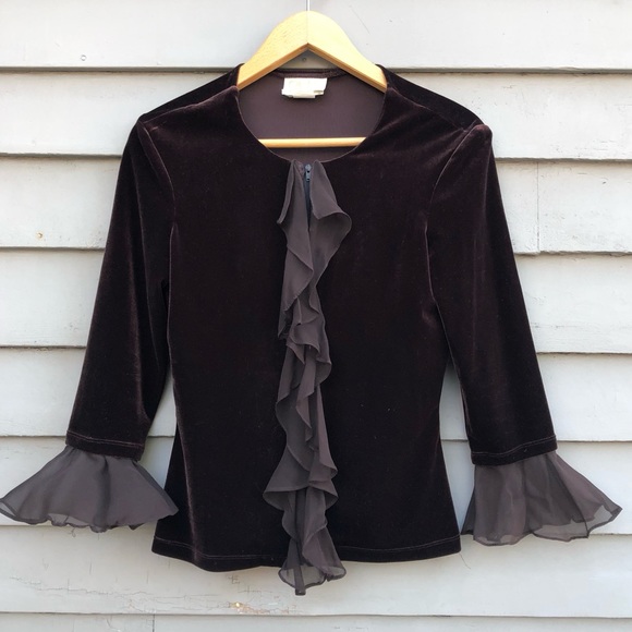 Vintage Cachet Y2K Whimsigoth Ethereal Dark Brown Velvet Silk Ruffle Zip Up Top - Picture 14 of 17